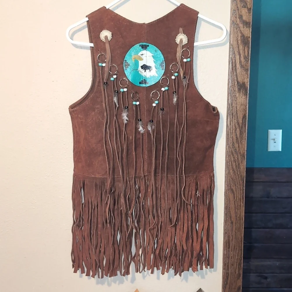 Brown Suede Fringe Vest with Hand Painted Eagle and Feathers - Picture 1 of 8
